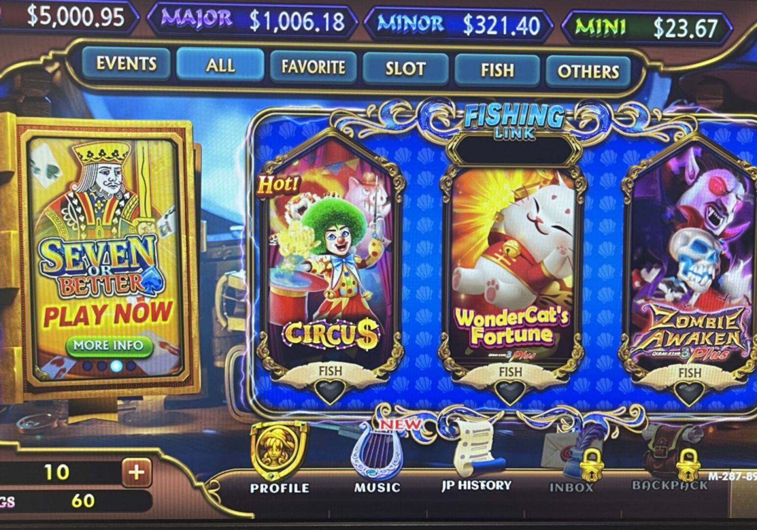 A slot machine with three different types of games.